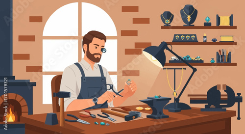Jeweler Crafting a Ring A Detailed Illustration of Jewelry Making at the Workshop