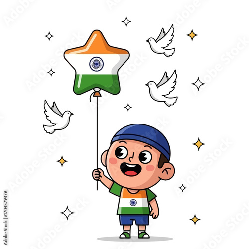 Happy cartoon boy holding Indian flag star balloon celebrating independence day.