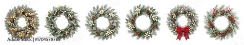 Christmas wreath set including frosted, flocked, lit, red berry, and white berry styles isolated. Festive winter holiday decorations.