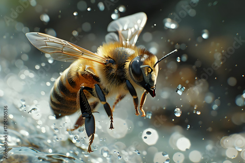 Honeybee in Flight Over Water Drops