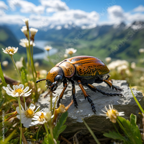 Orange And Black Beetle on Rock with Alpine Flowers and Mountain Background