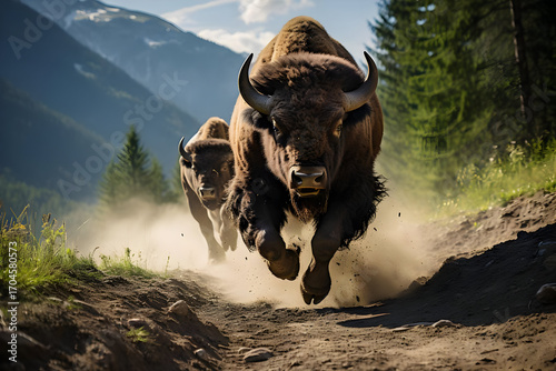 Two Bison Running on Dusty Path, Mountain Background