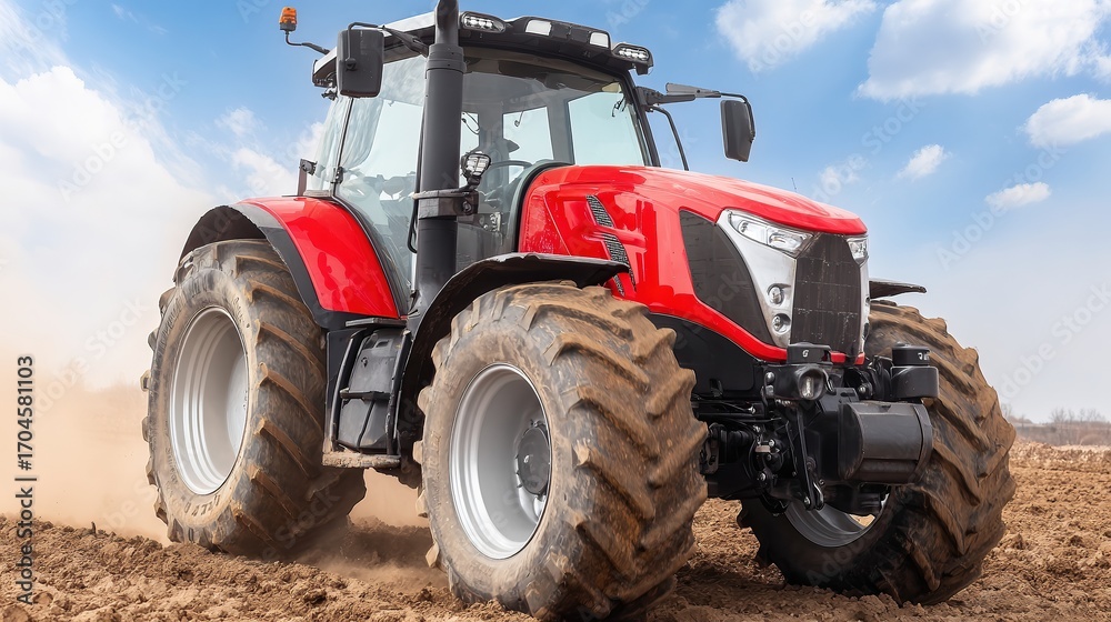Obraz premium A powerful red tractor plows through a dry field, showcasing modern agricultural technology in action, This image is ideal for promoting farming equipment, agriculture, and rural development themes,