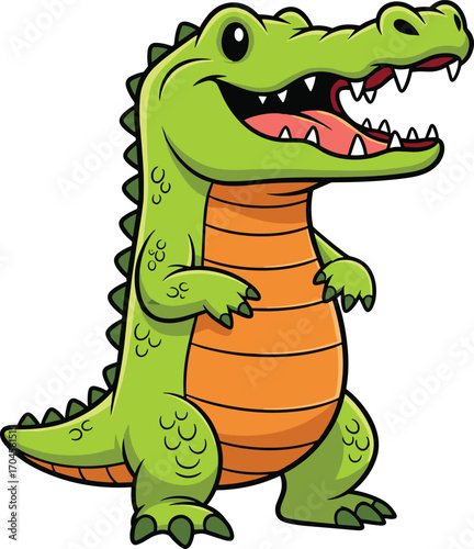 Cartoon green alligator standing upright and smiling, friendly crocodile character vector illustration, playful animal mascot and children’s educational wildlife concept design