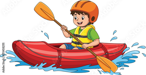 Cartoon child kayaking in red boat, wearing life jacket and helmet, outdoor water sports vector illustration, adventure activity and kids summer recreation concept design