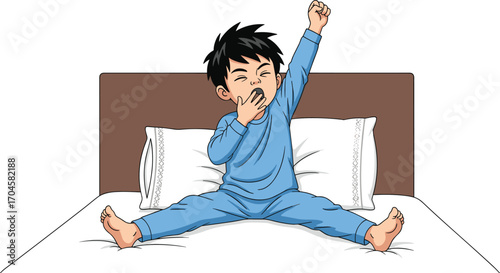 Cartoon child waking up in bed, yawning and stretching in blue pajamas, morning routine vector illustration, healthy lifestyle and kids sleep habit concept design
