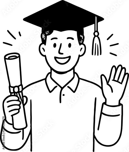 hand drawn style  Flat vector line design ilustration happy man with Graduation cap & certificate