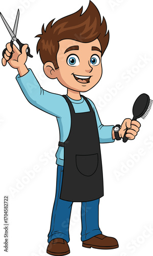 Cartoon hairdresser with scissors and hairbrush, smiling stylist in apron vector illustration for barber, salon and grooming profession themes