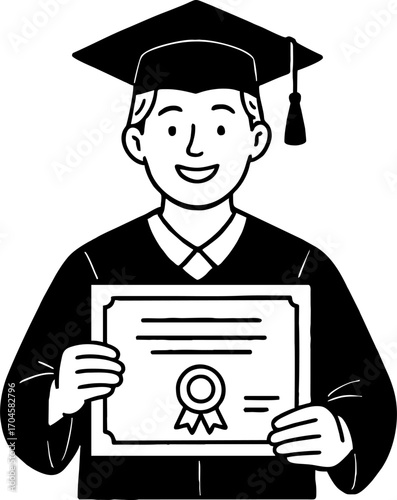 hand drawn style  Flat vector line design ilustration happy man with Graduation cap & certificate