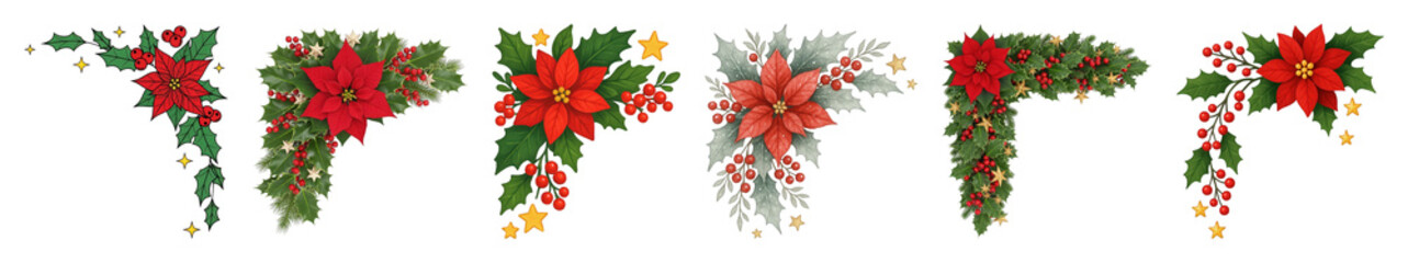 Christmas corner borders set including poinsettias, holly, berries, and stars isolated. Festive holiday decoration.