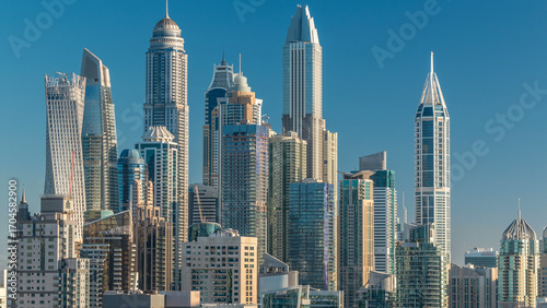 Photography Dubai Marina skyscrapers aerial top view at morning from JLT in Dubai timelapse, UAE