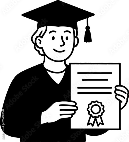 hand drawn style  Flat vector line design ilustration happy man with Graduation cap & certificate