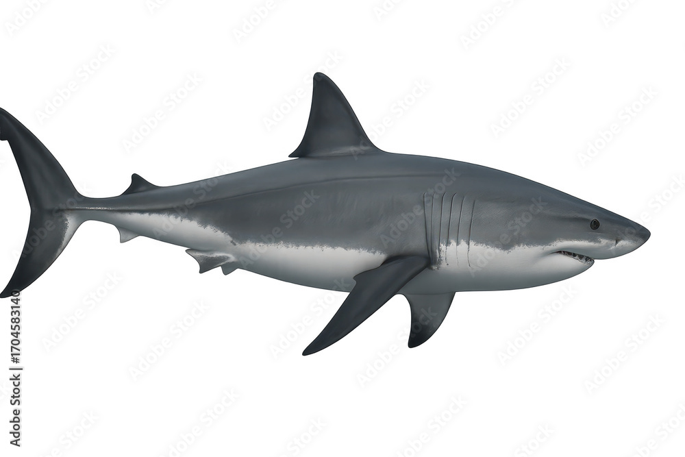 Fototapeta premium A majestic great white shark isolated on transparent background, side profile