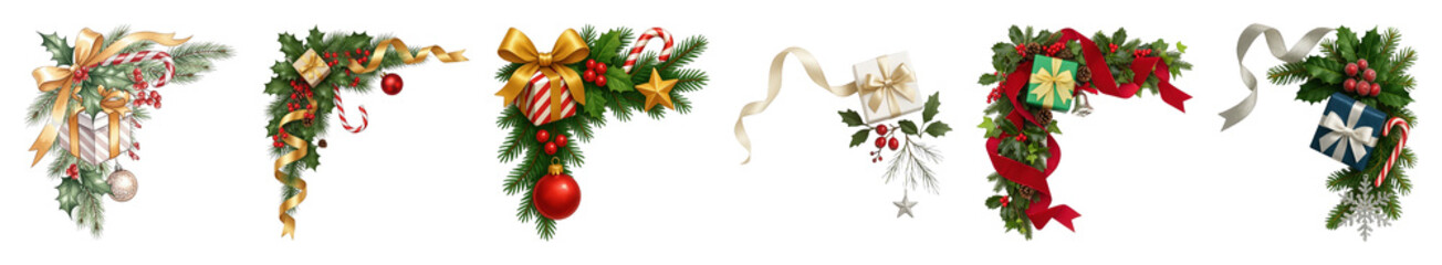 Christmas corner borders set including fir, holly, berries, ribbons, gifts, and ornaments isolated. Seasonal celebration and winter design elements.