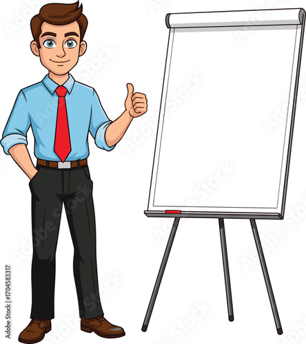 Cartoon man in blue shirt and red tie giving thumbs up next to blank flip chart, business presentation vector illustration for office and training themes