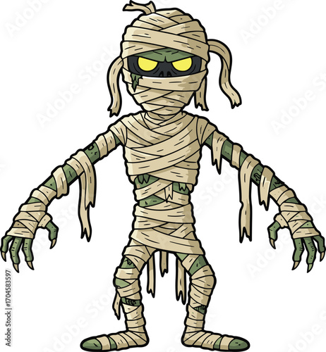Cartoon mummy character, beige bandages, green decayed skin, glowing yellow eyes, spooky Halloween theme, creepy undead monster design, vector illustration art decoration