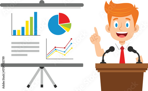 Cartoon presenter at podium, orange hair, white shirt, red tie, giving speech, presentation board with charts, graphs, business meeting, vector illustration art design