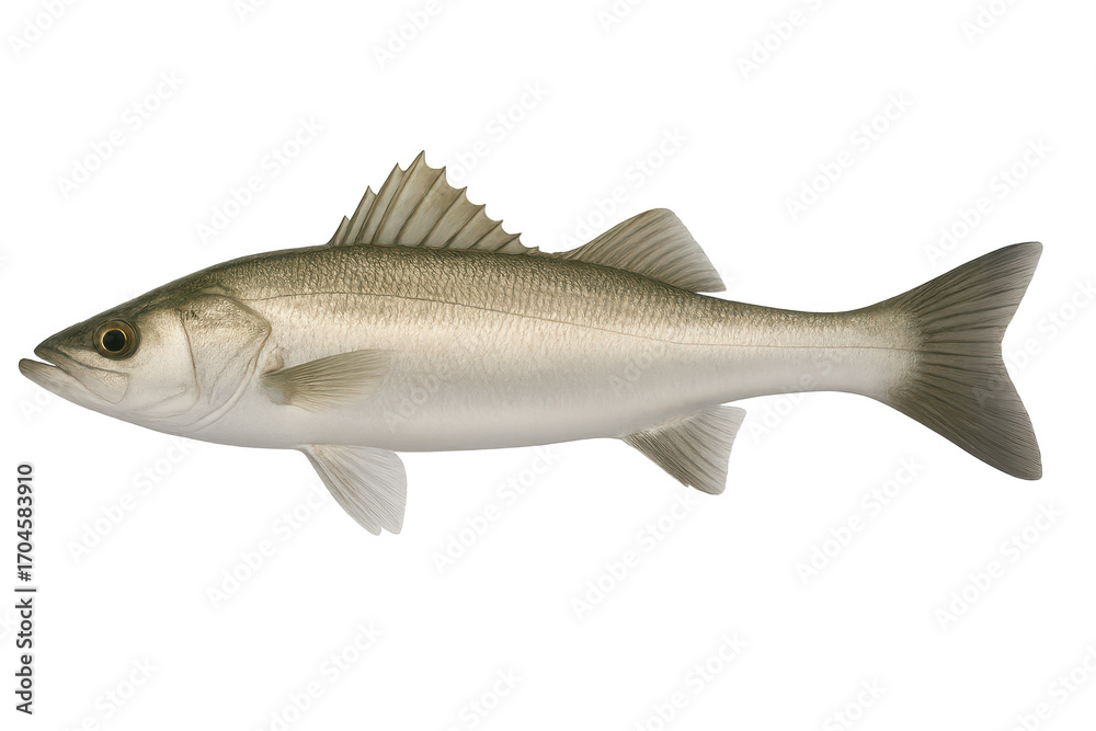 Fototapeta premium Whole fresh sea bass fish isolated on transparent background, side view