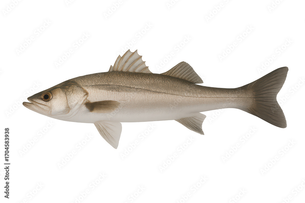 Fototapeta premium Fresh whole sea bass fish isolated on transparent background, ready for cooking.