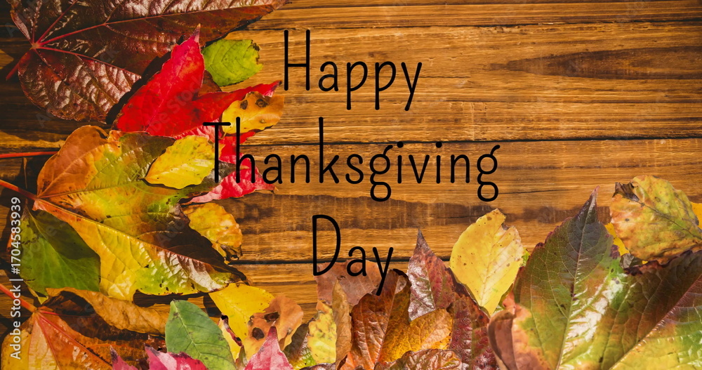 Obraz premium Image of happy thanksgiving day text over fall leaves