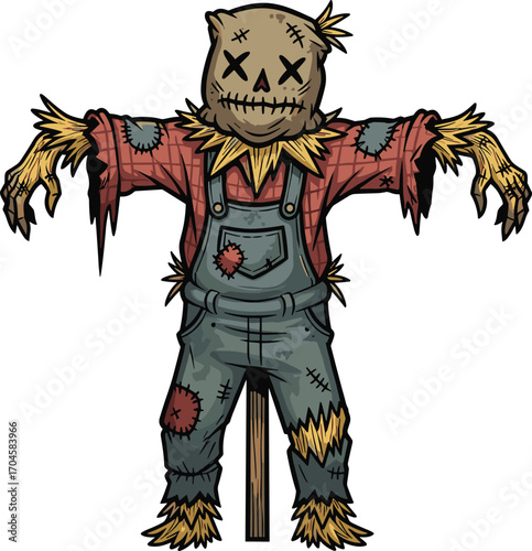 Cartoon scarecrow with burlap sack head and stitched face, spooky Halloween vector illustration, autumn harvest and farm field decoration concept design