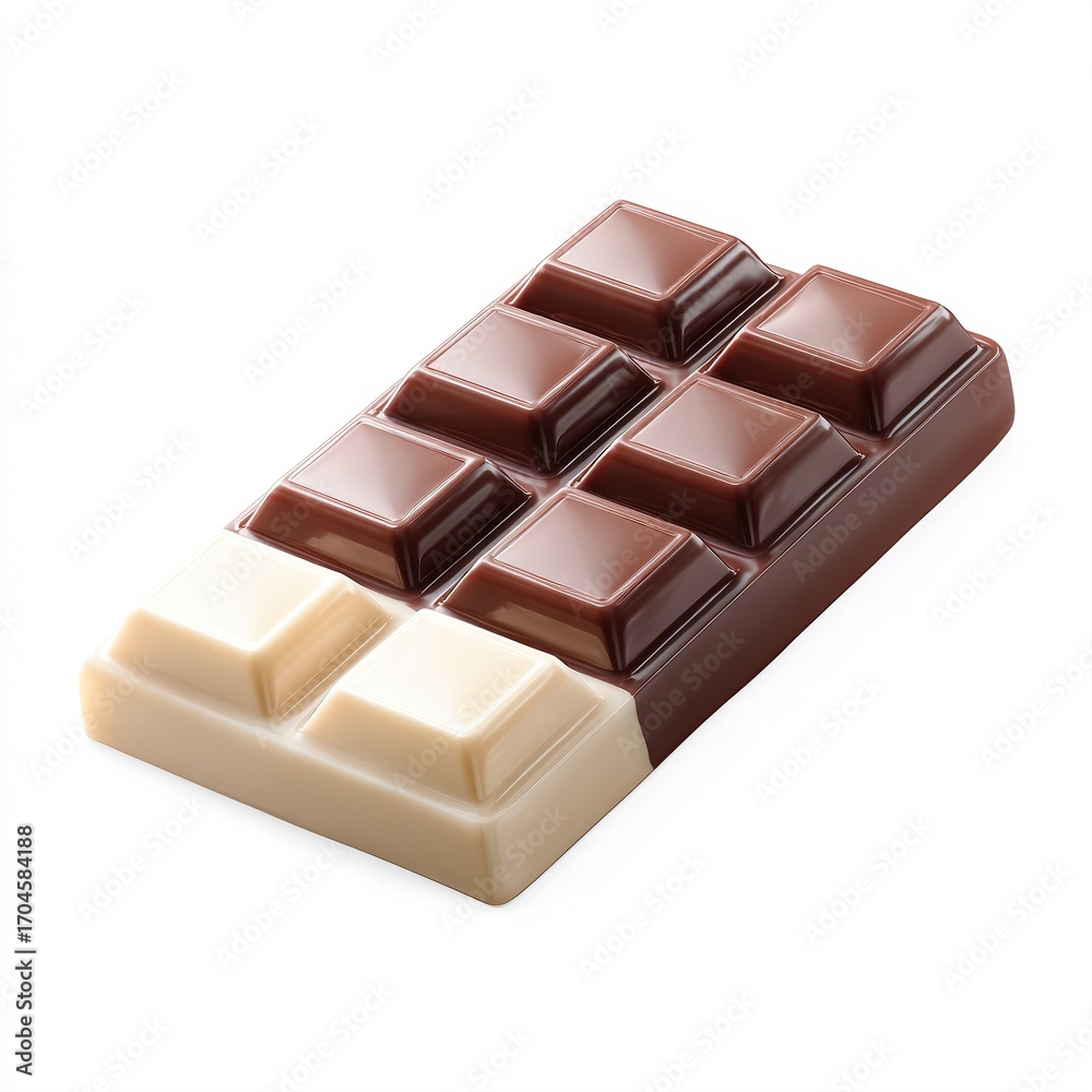Fototapeta premium A close-up of an unwrapped chocolate bar featuring layers of dark, milk, and white chocolate, ideal for food-related content, recipes, or sweet treat promotions