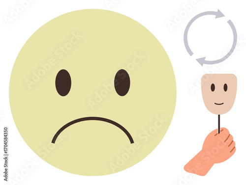 Large sad face, hand holding happy mask, circular arrow. Ideal for emotion, mood shift, self-expression, mental health, transformation personal growth and psychological concepts. Simple flat