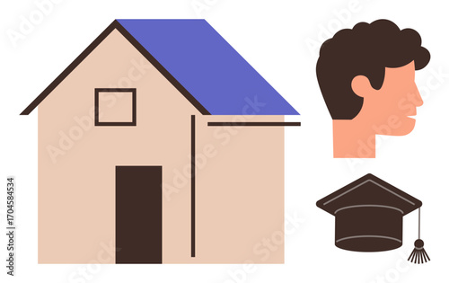Minimalist-style house, male head profile, and graduation cap, representing achievement, education, growth, home, opportunities. Ideal for learning success schooling academics personal
