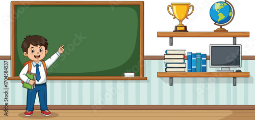 Cartoon student in classroom pointing at chalkboard with book in hand, education and learning vector illustration for school and teaching themes