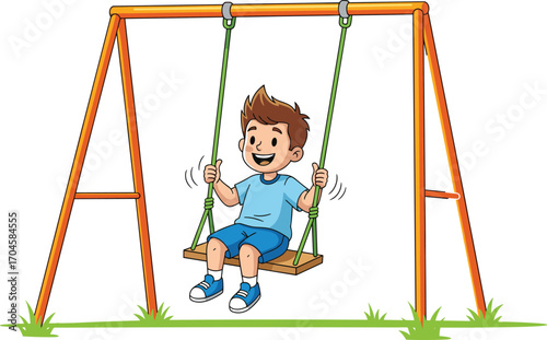 Cartoon child on playground swing with orange frame and green ropes, smiling kid vector illustration for outdoor play, recreation and childhood themes