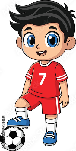 Cartoon boy in red soccer uniform with number 7 standing with foot on ball, sports vector illustration for football, game and children’s themes