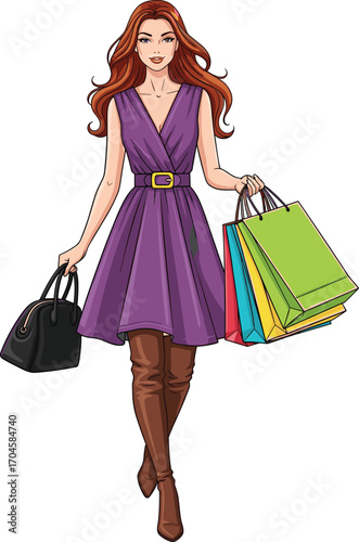Cartoon fashionable woman with red hair carrying shopping bags and handbag, stylish character vector illustration for retail, fashion and lifestyle themes