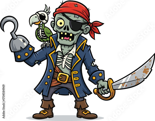 Cartoon zombie pirate with hook hand and skeletal parrot, undead sailor vector illustration, horror and adventure design for Halloween and fantasy sea themes