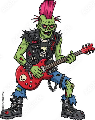 Cartoon punk rock zombie playing electric guitar, undead musician vector illustration, horror and music concept design for Halloween, fantasy and rock concert themes