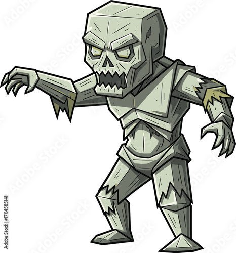 Cartoon stylized undead creature with skeletal face and jagged body, fantasy horror vector illustration, eerie monster design for video games and graphic novel themes