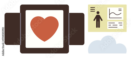 Heart displayed on smartwatch alongside health data dashboard with user profile, stats, and analytics. Ideal for fitness, tracking, health monitoring, technology, healthcare, innovation simple flat