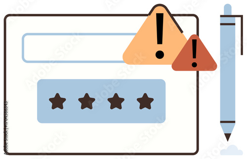 Login interface with a password field, warning signs, and pen on the side. Ideal for cybersecurity, online safety, password management, authentication, digital forms, privacy simple flat metaphor