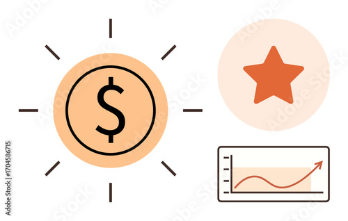 Dollar symbol with radiating lines, red star, and upward trend line in chart. Ideal for finance, business growth, profitability, achievement, investment, economic progress simple flat metaphor