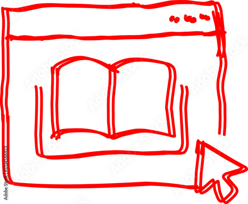 Red doodle of a web browser with an open book and cursor arrow, symbolizing online learning, e-book, digital library, and education in a simple sketch style.
