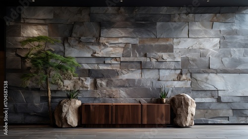 Elegant interior featuring a striking stone wall complemented by nature-inspired decor elements
