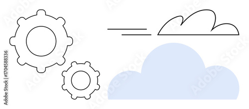 Two simple gears beside abstract cloud shapes convey themes of cloud computing, teamwork, data integration, and innovation. Ideal for IT services, cloud hosting, automation, workflow, modern