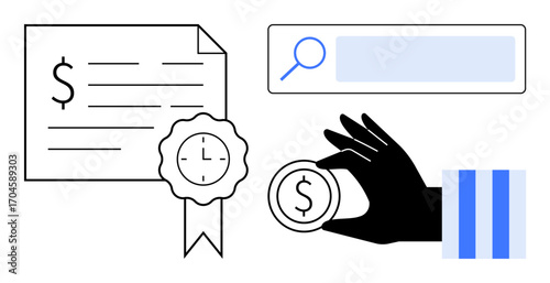 Certificate with clock badge, search bar, and hand holding dollar coin. Ideal for financial education, investment, business concepts, market analysis, e-learning, certifications simple landing page