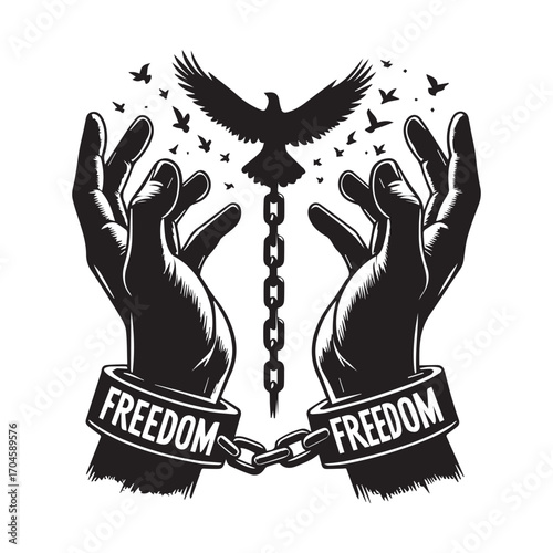 Black and white illustration of hands breaking chains with a bird flying free above and the word FREDOM