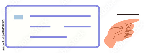 Hand pointing at structured text in a simple dialog box. Ideal for communication, suggestion, navigation, user interface, guidance, interaction, and feedback metaphors. Clean simple flat metaphor