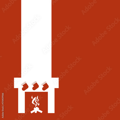 Vector monochrome illustration. White fireplace with fire and hanging Christmas socks. White fireplace on red background. Place for your own text. Christmas illustration