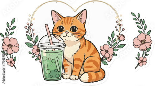 Cartoon Cat with Bubble Tea and Flowers
