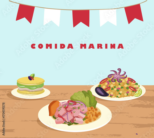 Comida Marina peruana como causa, arroz con mariscos y ceviche sobre la mesa
