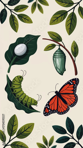Butterfly Life Cycle Illustration – Egg, Caterpillar, Chrysalis, Monarch Butterfly, Botanical Nature Education, Vector Art