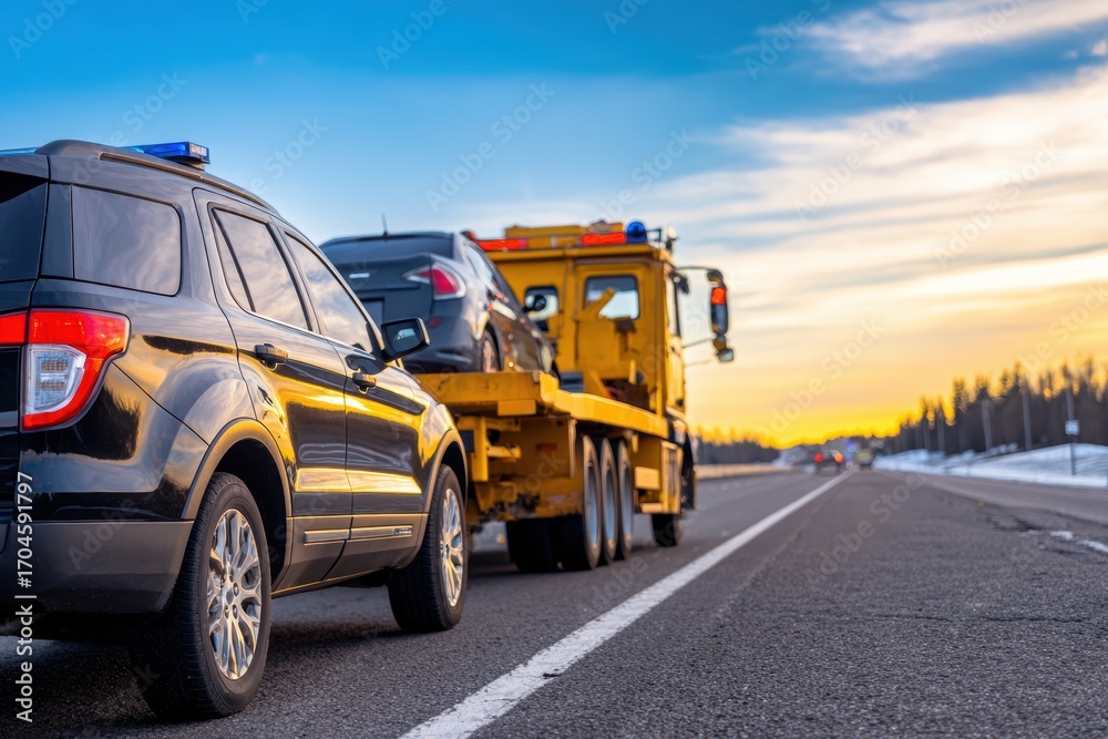 Obraz premium Tow truck assisting a stranded vehicle on a highway at sunset, with a serene winter landscape in the background