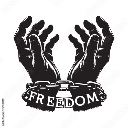 Black and white illustration of two hands breaking free from chains with the word FREDOM